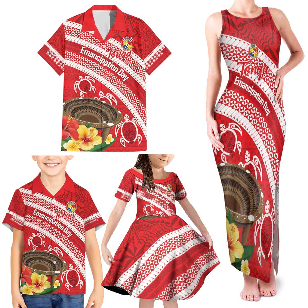 Kingdom Of Tonga Emancipation Day Family Matching Tank Maxi Dress and Hawaiian Shirt Tongan Ngatu With Kumete Red LT14 - Polynesian Pride