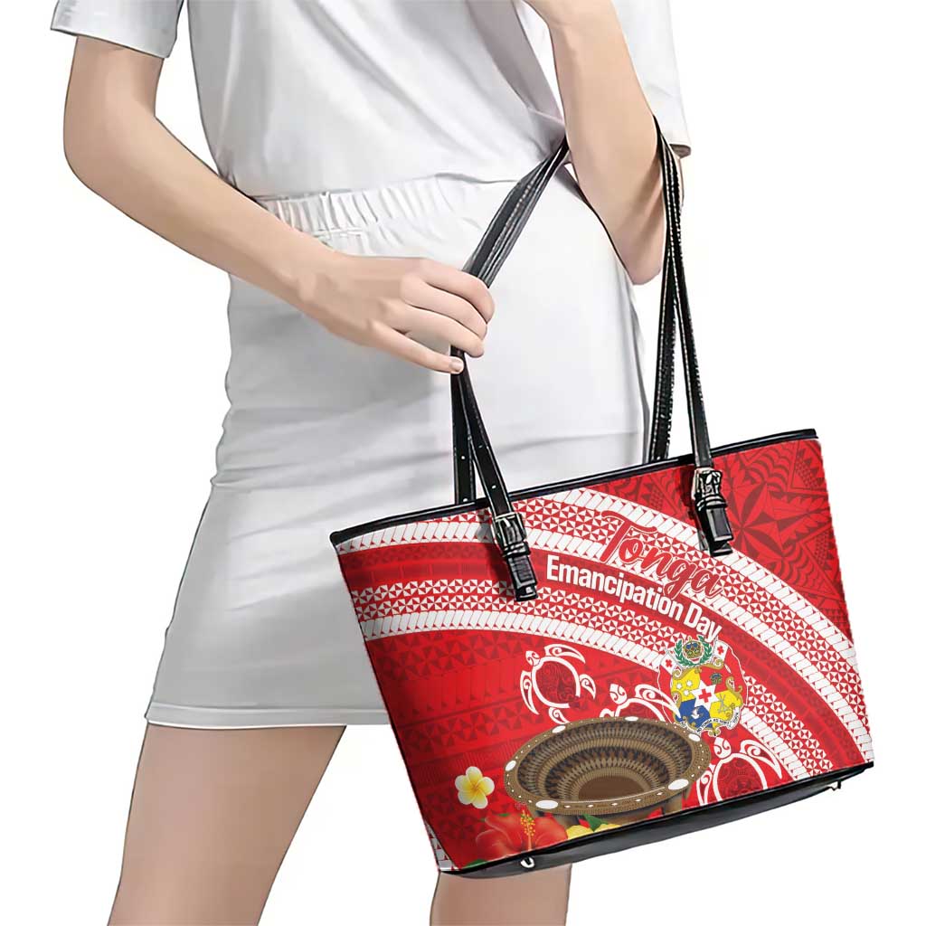 Kingdom Of Tonga Emancipation Day Leather Tote Bag Tongan Ngatu With Kumete Red