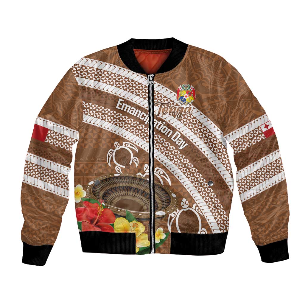 Kingdom Of Tonga Emancipation Day Bomber Jacket Tongan Ngatu With Kumete Brown