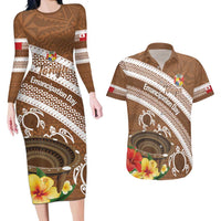 Kingdom Of Tonga Emancipation Day Couples Matching Long Sleeve Bodycon Dress and Hawaiian Shirt Tongan Ngatu With Kumete Brown