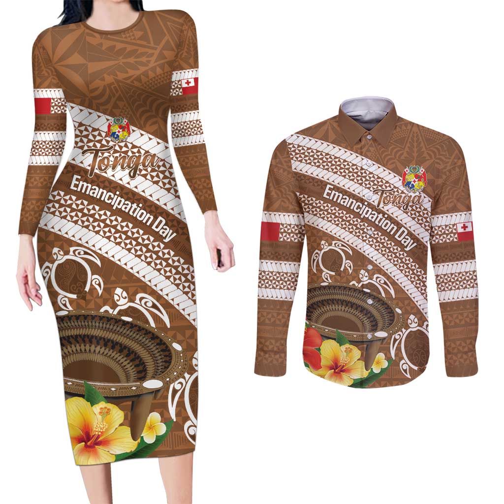 Kingdom Of Tonga Emancipation Day Couples Matching Long Sleeve Bodycon Dress and Long Sleeve Button Shirt Tongan Ngatu With Kumete Brown