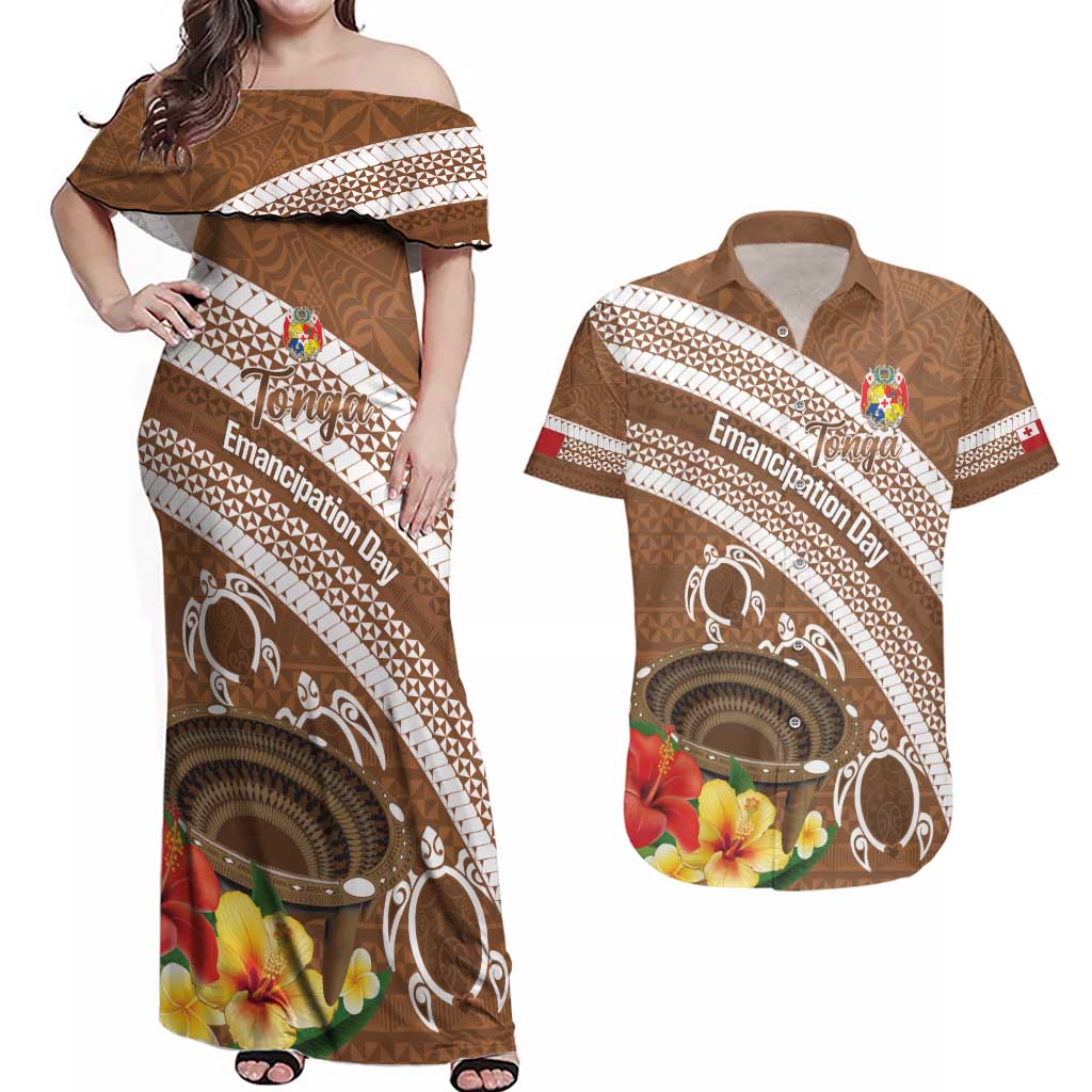 Kingdom Of Tonga Emancipation Day Couples Matching Off Shoulder Maxi Dress and Hawaiian Shirt Tongan Ngatu With Kumete Brown LT14 Brown - Polynesian Pride