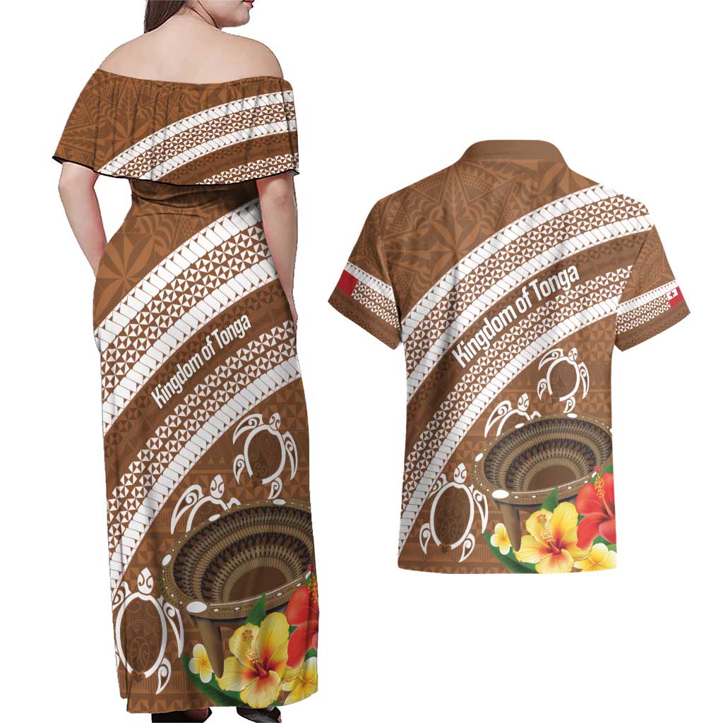Kingdom Of Tonga Emancipation Day Couples Matching Off Shoulder Maxi Dress and Hawaiian Shirt Tongan Ngatu With Kumete Brown LT14 - Polynesian Pride