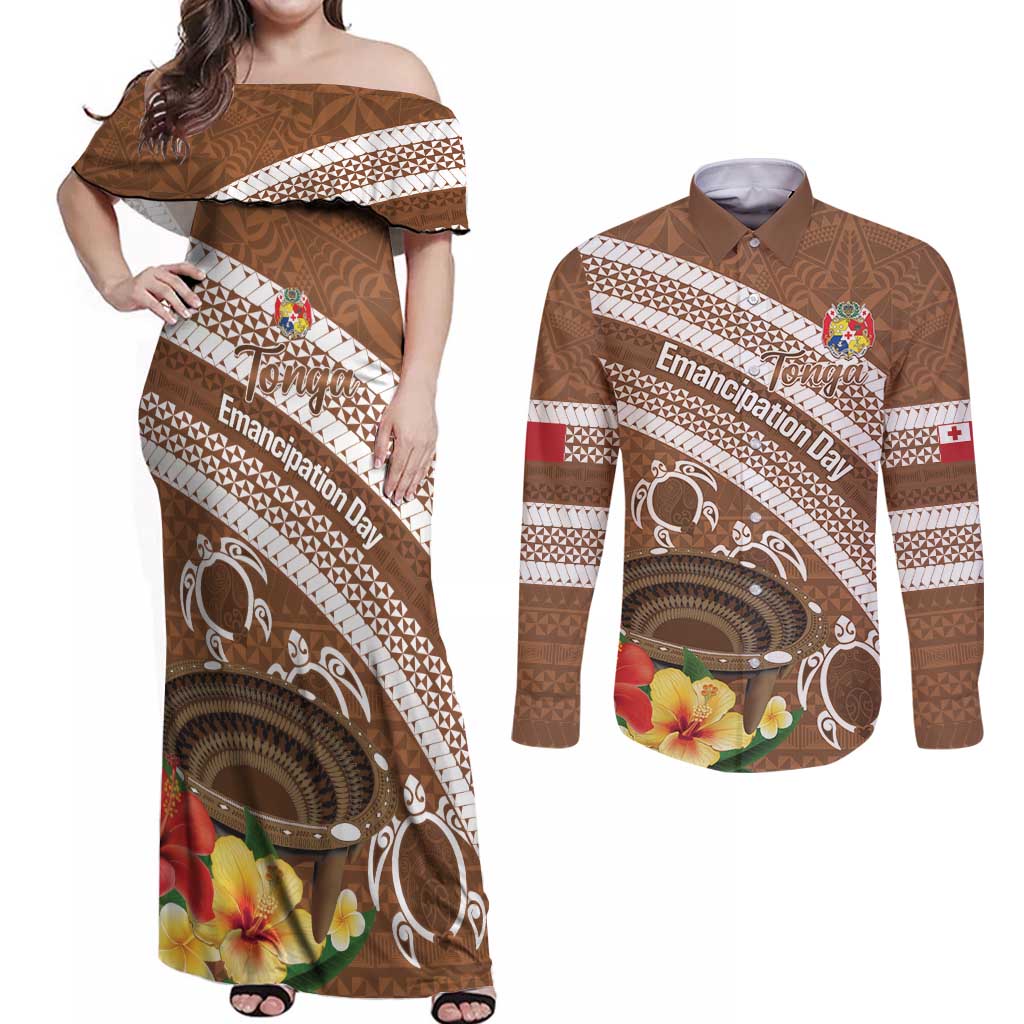 Kingdom Of Tonga Emancipation Day Couples Matching Off Shoulder Maxi Dress and Long Sleeve Button Shirt Tongan Ngatu With Kumete Brown LT14 Brown - Polynesian Pride
