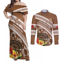 Kingdom Of Tonga Emancipation Day Couples Matching Off Shoulder Maxi Dress and Long Sleeve Button Shirt Tongan Ngatu With Kumete Brown LT14 Brown - Polynesian Pride