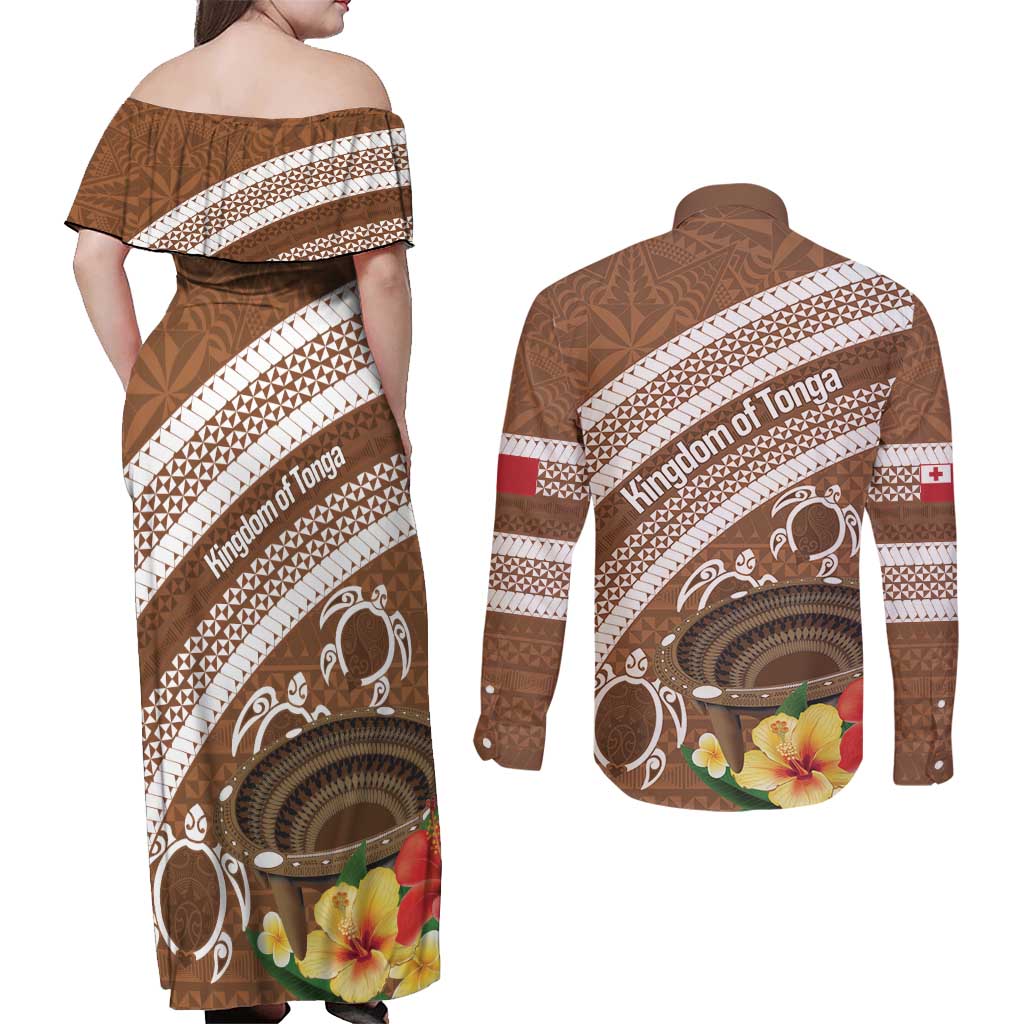 Kingdom Of Tonga Emancipation Day Couples Matching Off Shoulder Maxi Dress and Long Sleeve Button Shirt Tongan Ngatu With Kumete Brown LT14 - Polynesian Pride