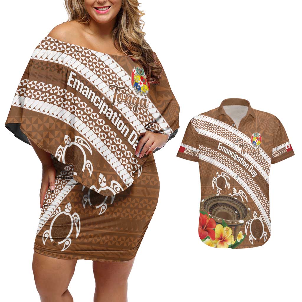Kingdom Of Tonga Emancipation Day Couples Matching Off Shoulder Short Dress and Hawaiian Shirt Tongan Ngatu With Kumete Brown LT14 Brown - Polynesian Pride