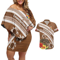 Kingdom Of Tonga Emancipation Day Couples Matching Off Shoulder Short Dress and Hawaiian Shirt Tongan Ngatu With Kumete Brown LT14 Brown - Polynesian Pride