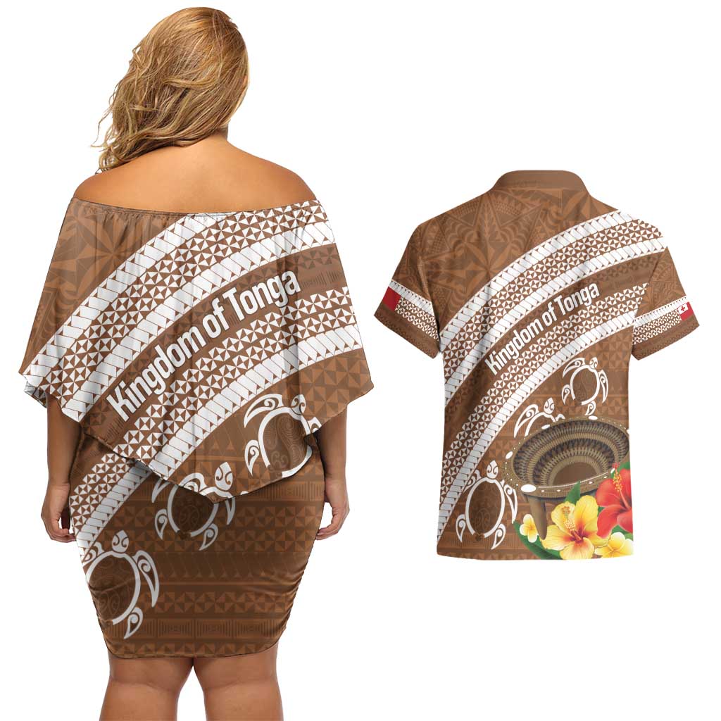 Kingdom Of Tonga Emancipation Day Couples Matching Off Shoulder Short Dress and Hawaiian Shirt Tongan Ngatu With Kumete Brown LT14 - Polynesian Pride