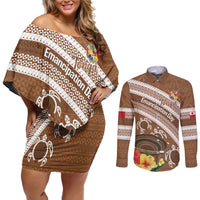 Kingdom Of Tonga Emancipation Day Couples Matching Off Shoulder Short Dress and Long Sleeve Button Shirt Tongan Ngatu With Kumete Brown LT14 Brown - Polynesian Pride