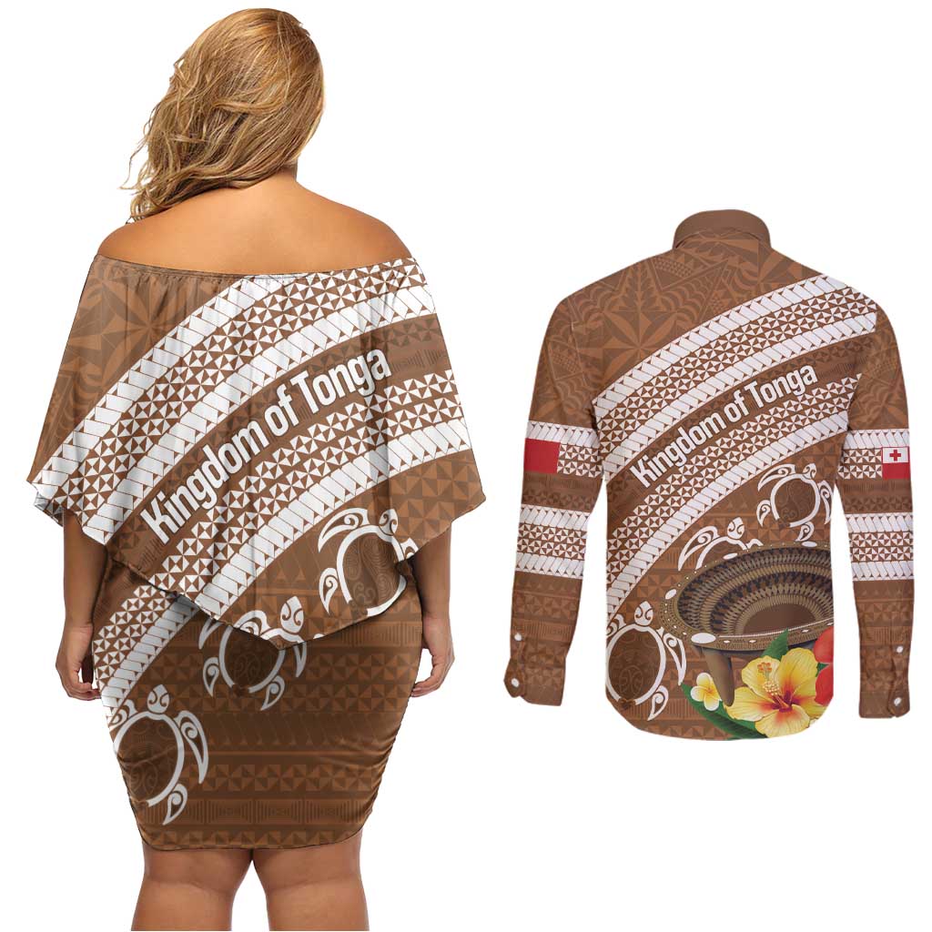 Kingdom Of Tonga Emancipation Day Couples Matching Off Shoulder Short Dress and Long Sleeve Button Shirt Tongan Ngatu With Kumete Brown LT14 - Polynesian Pride