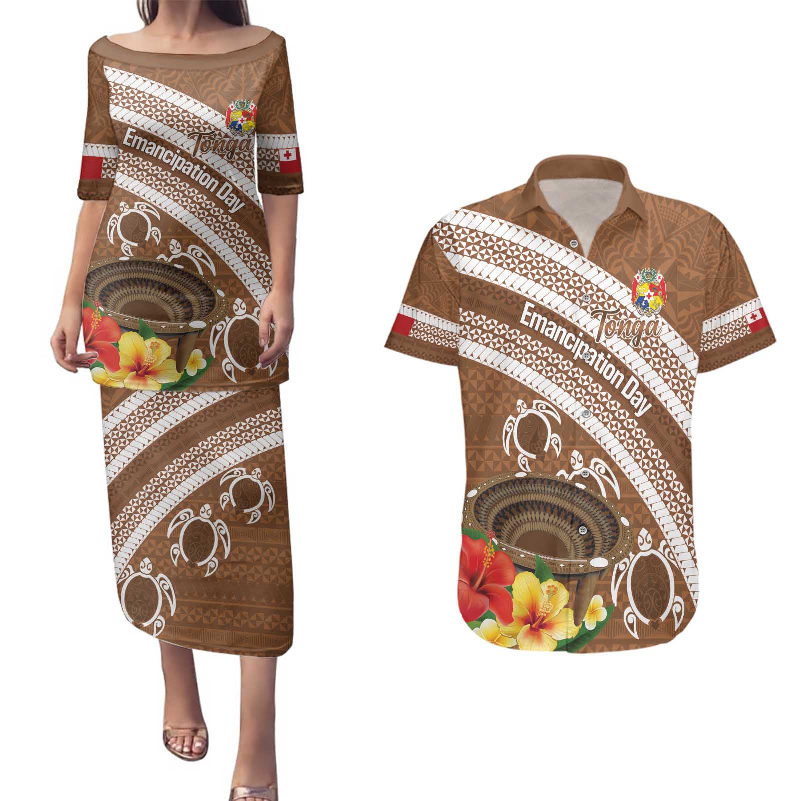 Kingdom Of Tonga Emancipation Day Couples Matching Puletasi and Hawaiian Shirt Tongan Ngatu With Kumete Brown