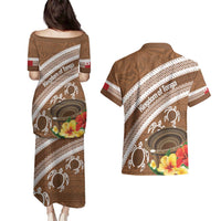 Kingdom Of Tonga Emancipation Day Couples Matching Puletasi and Hawaiian Shirt Tongan Ngatu With Kumete Brown