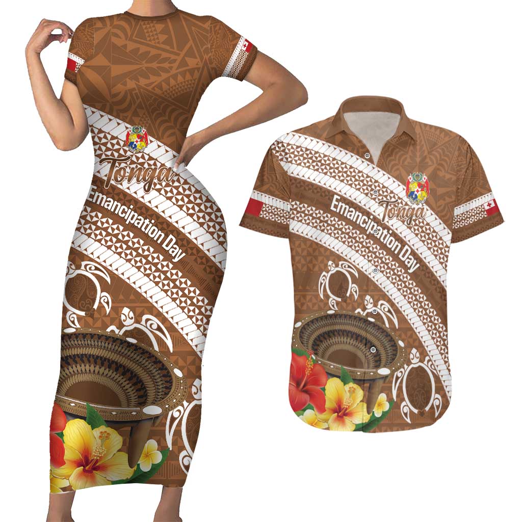Kingdom Of Tonga Emancipation Day Couples Matching Short Sleeve Bodycon Dress and Hawaiian Shirt Tongan Ngatu With Kumete Brown