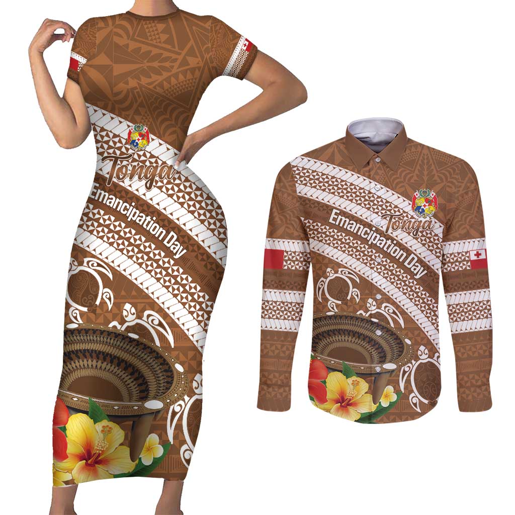 Kingdom Of Tonga Emancipation Day Couples Matching Short Sleeve Bodycon Dress and Long Sleeve Button Shirt Tongan Ngatu With Kumete Brown