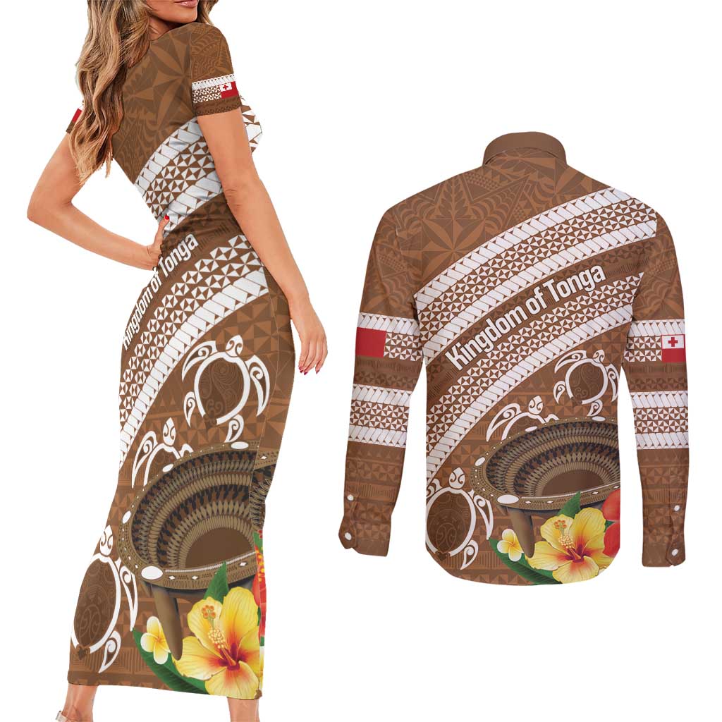 Kingdom Of Tonga Emancipation Day Couples Matching Short Sleeve Bodycon Dress and Long Sleeve Button Shirt Tongan Ngatu With Kumete Brown