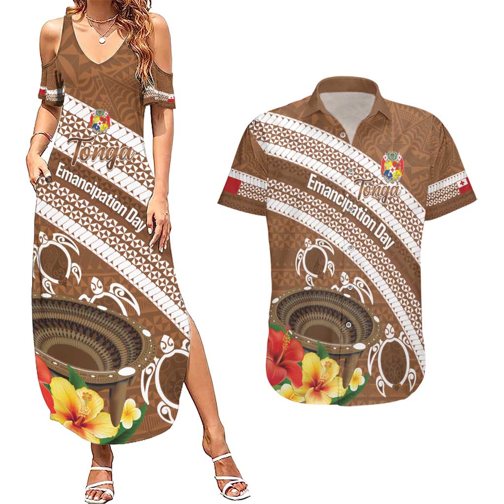 Kingdom Of Tonga Emancipation Day Couples Matching Summer Maxi Dress and Hawaiian Shirt Tongan Ngatu With Kumete Brown