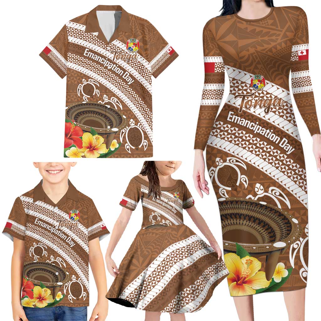 Kingdom Of Tonga Emancipation Day Family Matching Long Sleeve Bodycon Dress and Hawaiian Shirt Tongan Ngatu With Kumete Brown LT14 - Polynesian Pride