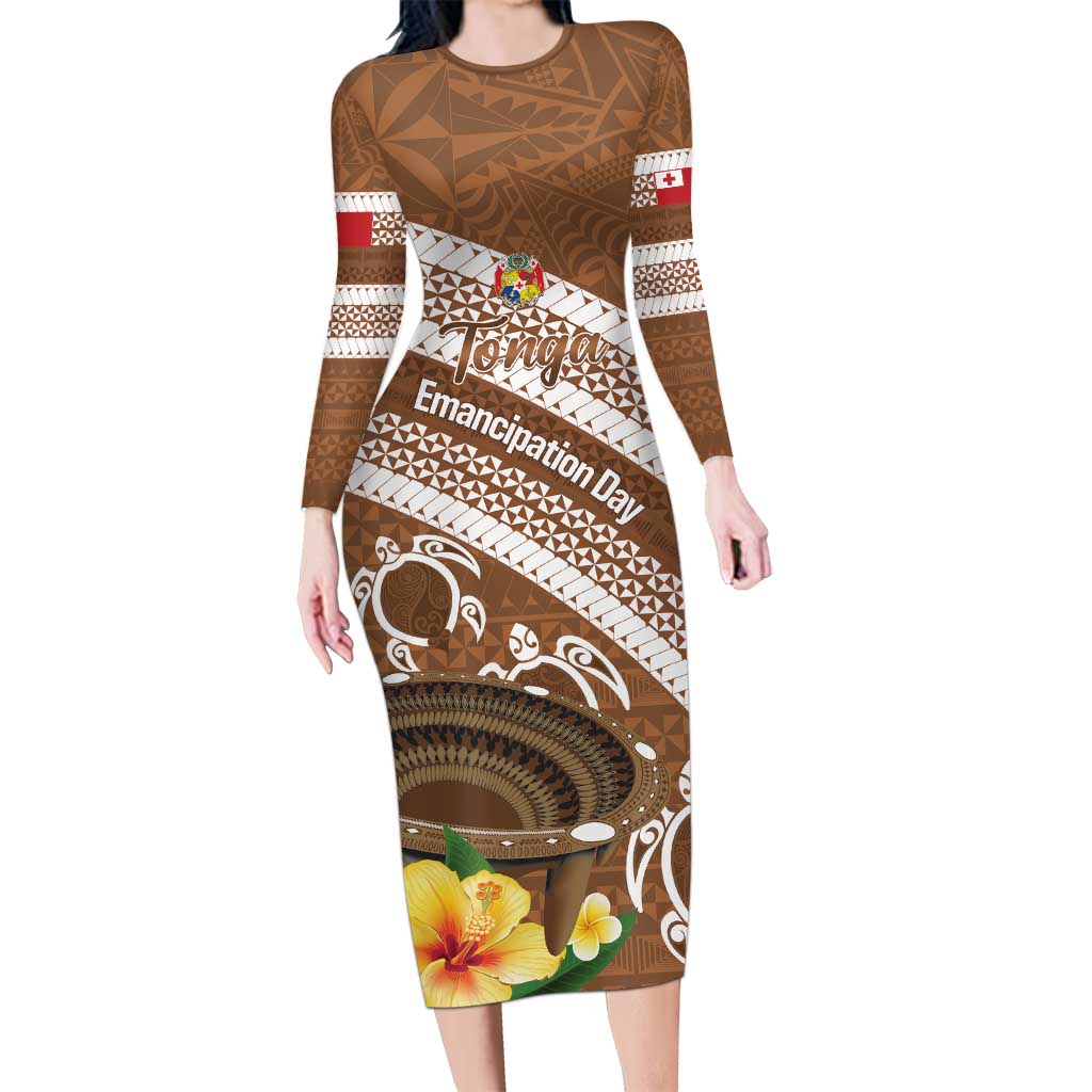 Kingdom Of Tonga Emancipation Day Family Matching Long Sleeve Bodycon Dress and Hawaiian Shirt Tongan Ngatu With Kumete Brown LT14 Mom's Dress Brown - Polynesian Pride