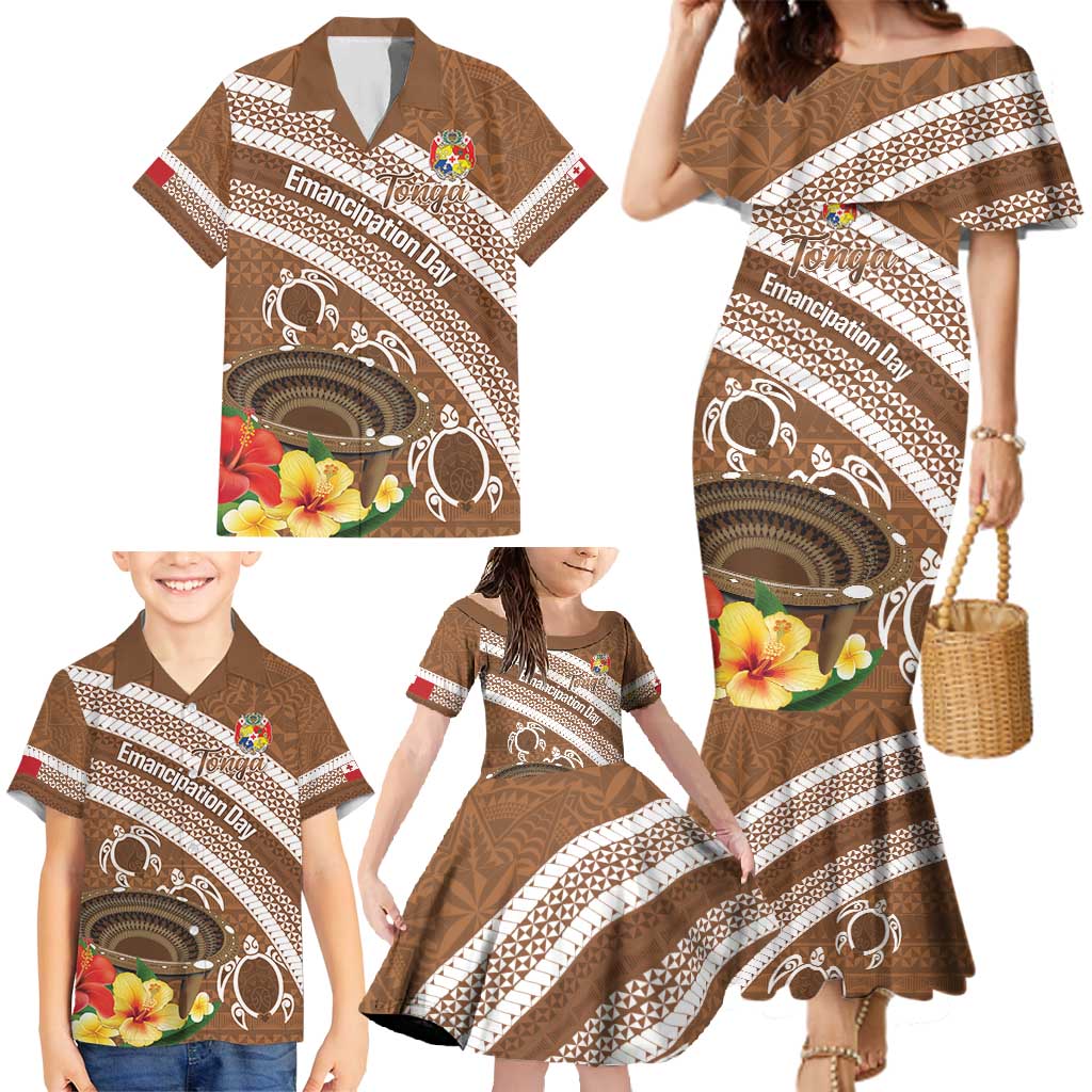 Kingdom Of Tonga Emancipation Day Family Matching Mermaid Dress and Hawaiian Shirt Tongan Ngatu With Kumete Brown LT14 - Polynesian Pride