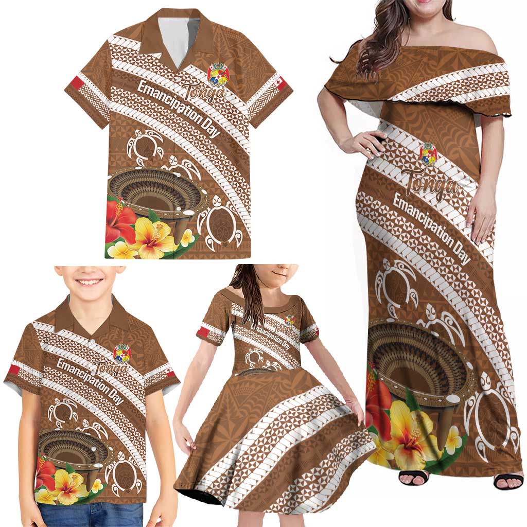 Kingdom Of Tonga Emancipation Day Family Matching Off Shoulder Maxi Dress and Hawaiian Shirt Tongan Ngatu With Kumete Brown