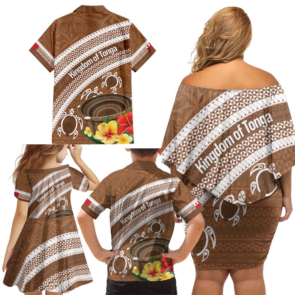 Kingdom Of Tonga Emancipation Day Family Matching Off Shoulder Short Dress and Hawaiian Shirt Tongan Ngatu With Kumete Brown LT14 - Polynesian Pride