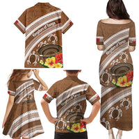 Kingdom Of Tonga Emancipation Day Family Matching Puletasi and Hawaiian Shirt Tongan Ngatu With Kumete Brown
