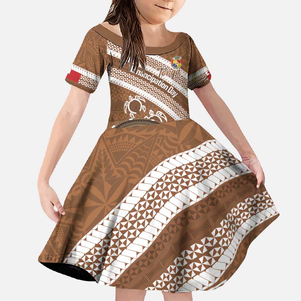 Kingdom Of Tonga Emancipation Day Family Matching Short Sleeve Bodycon Dress and Hawaiian Shirt Tongan Ngatu With Kumete Brown LT14 Daughter's Dress Brown - Polynesian Pride