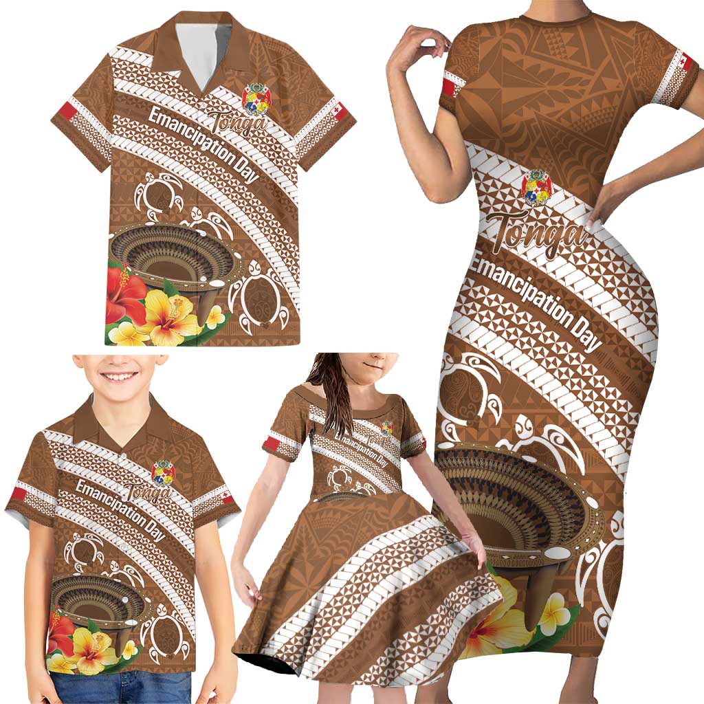 Kingdom Of Tonga Emancipation Day Family Matching Short Sleeve Bodycon Dress and Hawaiian Shirt Tongan Ngatu With Kumete Brown LT14 - Polynesian Pride