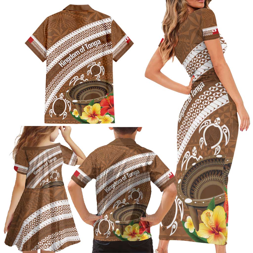 Kingdom Of Tonga Emancipation Day Family Matching Short Sleeve Bodycon Dress and Hawaiian Shirt Tongan Ngatu With Kumete Brown LT14 - Polynesian Pride