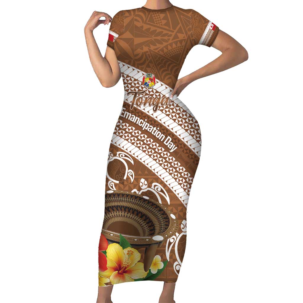 Kingdom Of Tonga Emancipation Day Family Matching Short Sleeve Bodycon Dress and Hawaiian Shirt Tongan Ngatu With Kumete Brown LT14 Mom's Dress Brown - Polynesian Pride