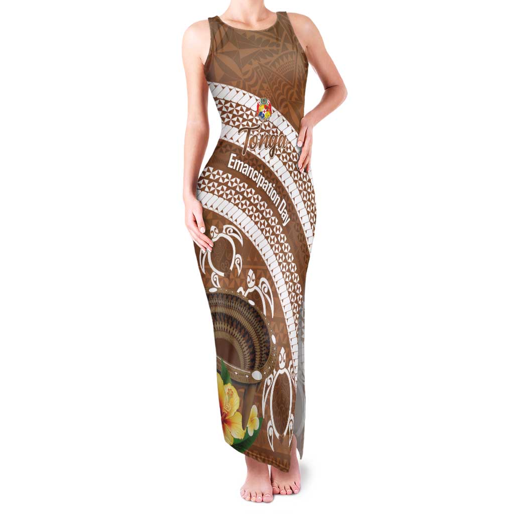 Kingdom Of Tonga Emancipation Day Family Matching Tank Maxi Dress and Hawaiian Shirt Tongan Ngatu With Kumete Brown LT14 Mom's Dress Brown - Polynesian Pride