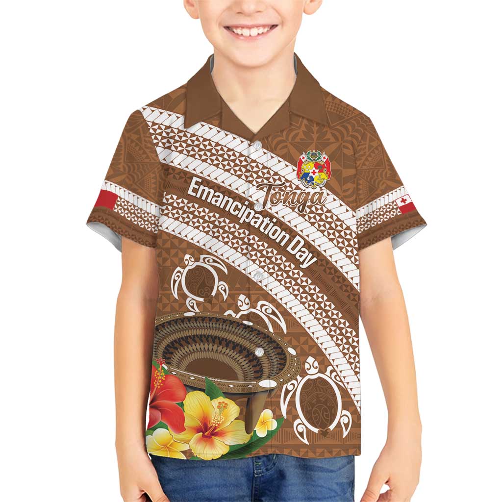Kingdom Of Tonga Emancipation Day Family Matching Tank Maxi Dress and Hawaiian Shirt Tongan Ngatu With Kumete Brown LT14 Son's Shirt Brown - Polynesian Pride