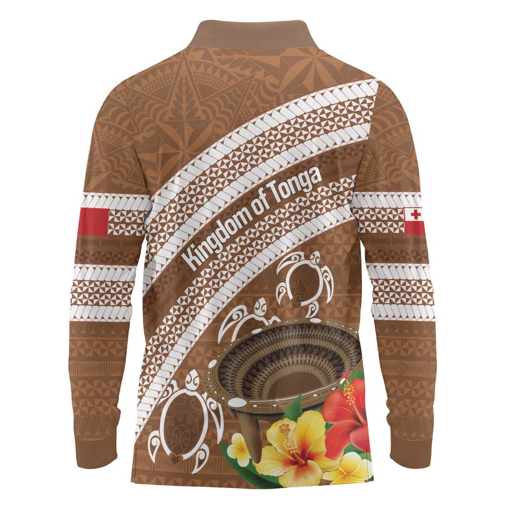 Kingdom Of Tonga Emancipation Day Long Sleeve Polo Shirt Tongan Ngatu With Kumete Brown