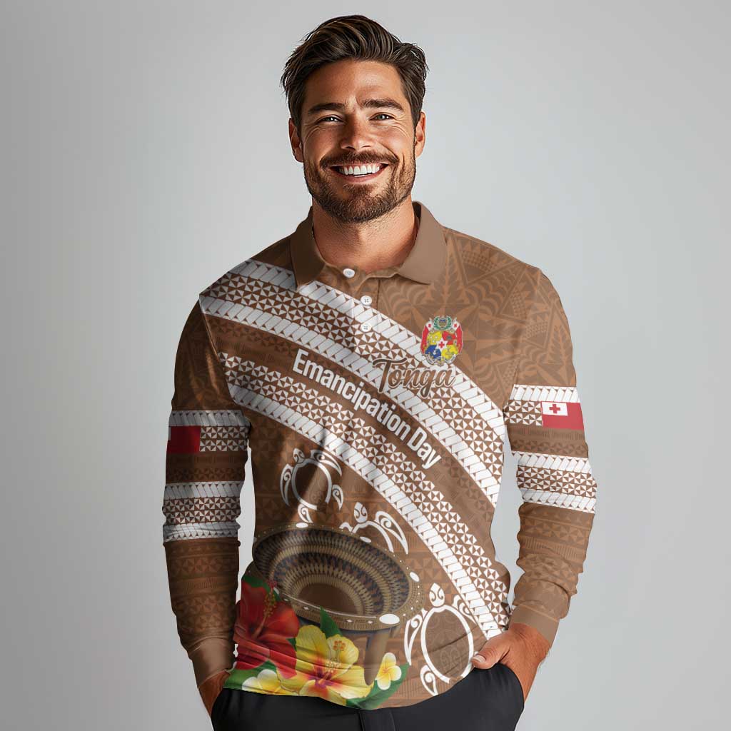 Kingdom Of Tonga Emancipation Day Long Sleeve Polo Shirt Tongan Ngatu With Kumete Brown