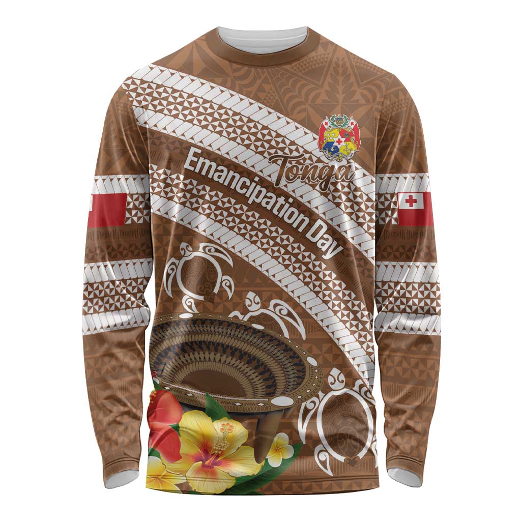 Kingdom Of Tonga Emancipation Day Long Sleeve Shirt Tongan Ngatu With Kumete Brown