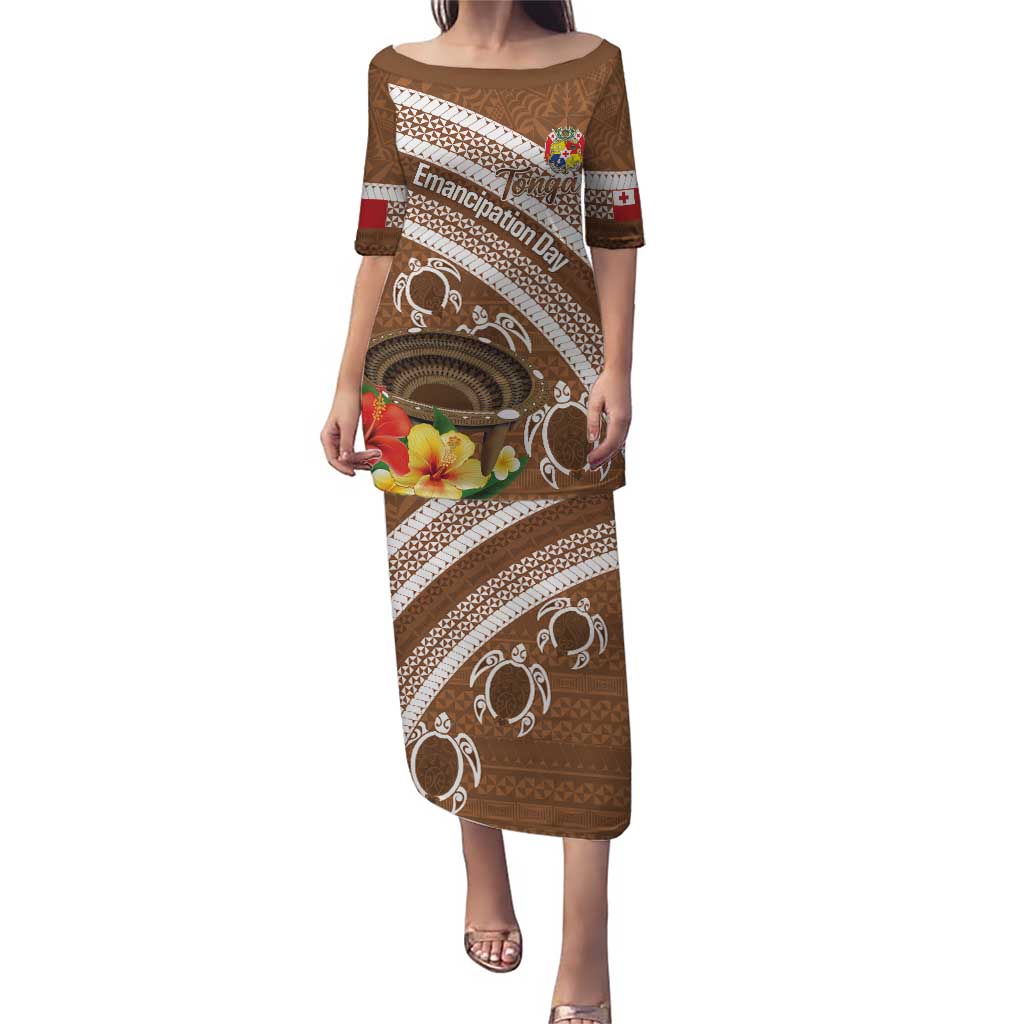 Kingdom Of Tonga Emancipation Day Puletasi Tongan Ngatu With Kumete Brown