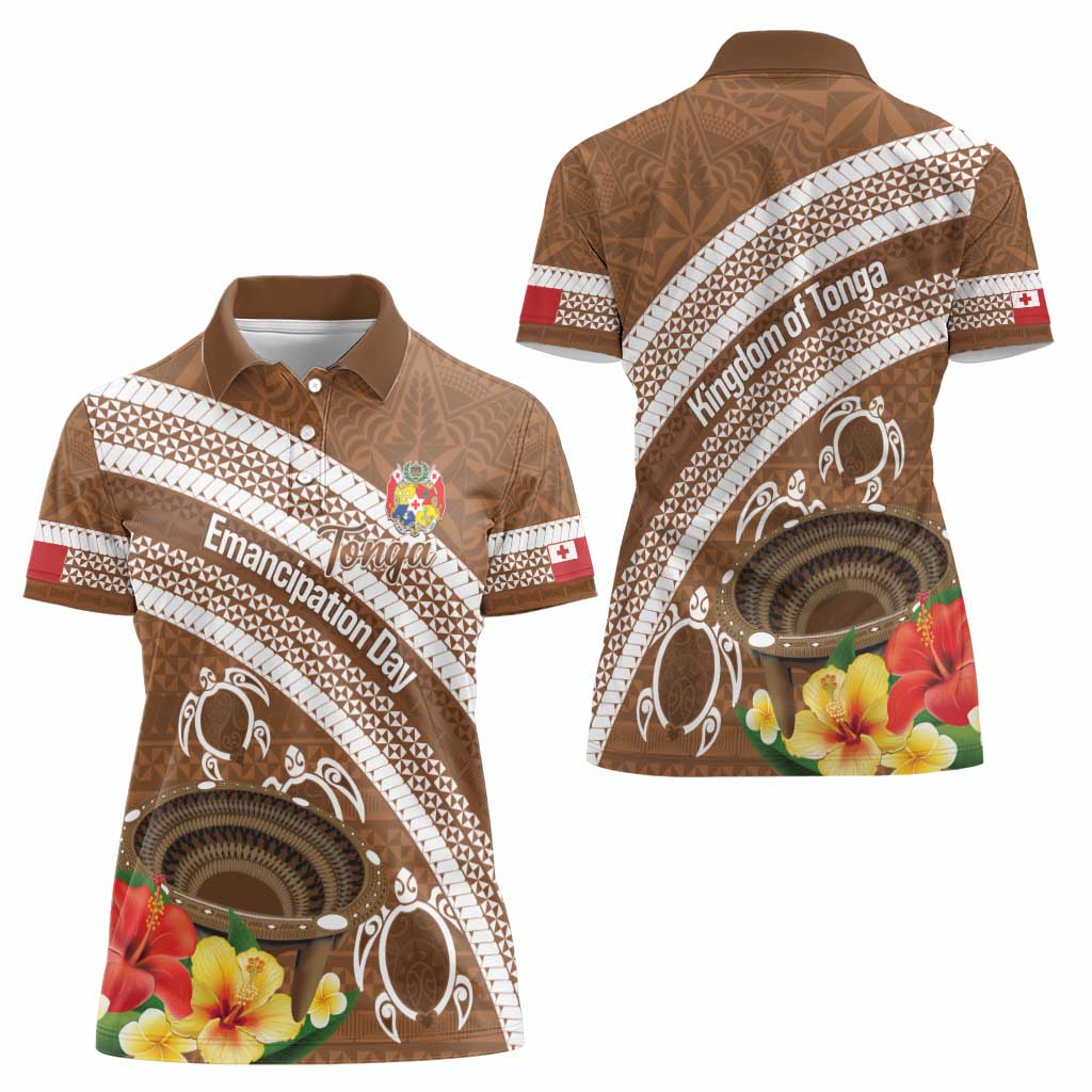 Kingdom Of Tonga Emancipation Day Women Polo Shirt Tongan Ngatu With Kumete Brown LT14 - Polynesian Pride