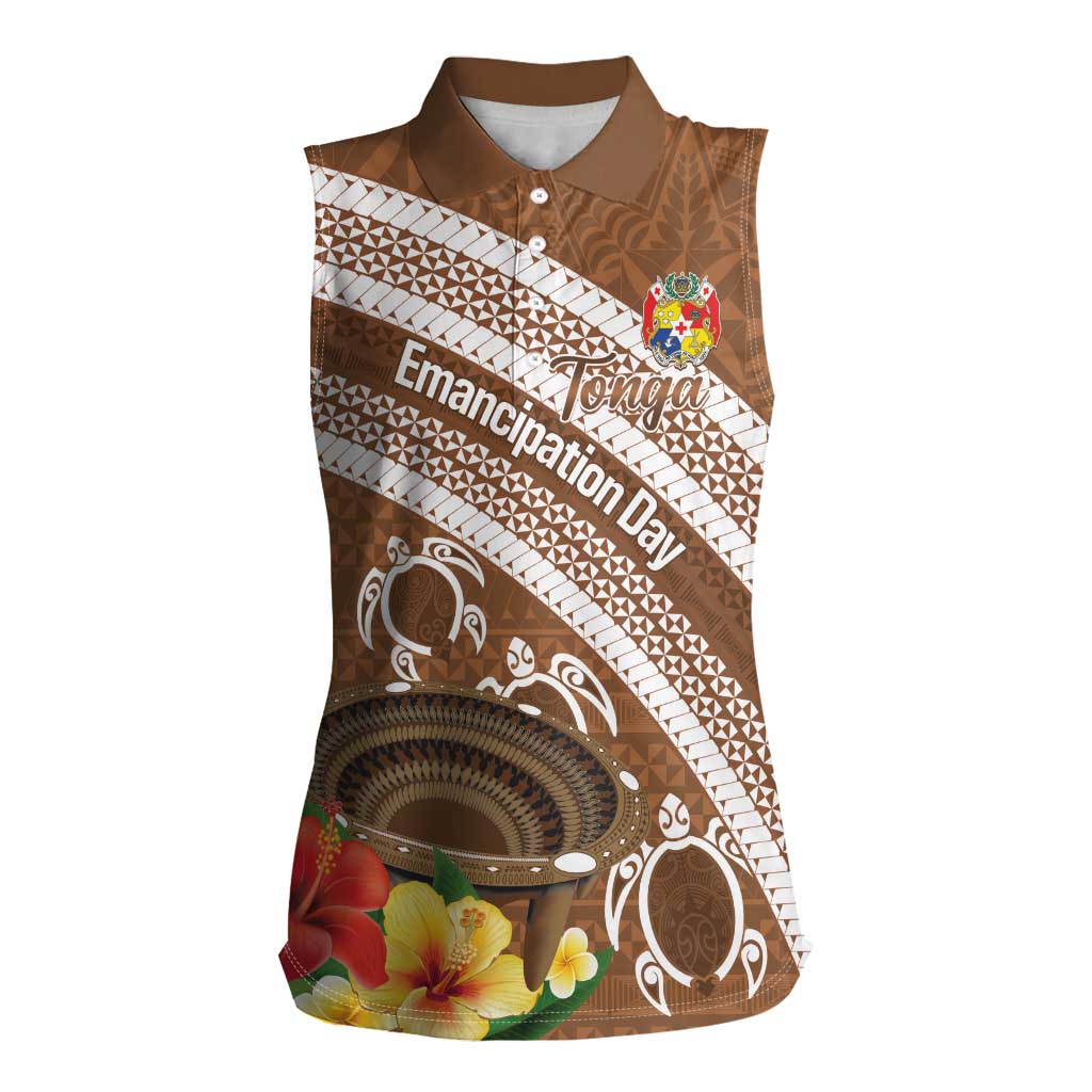 Kingdom Of Tonga Emancipation Day Women Sleeveless Polo Shirt Tongan Ngatu With Kumete Brown