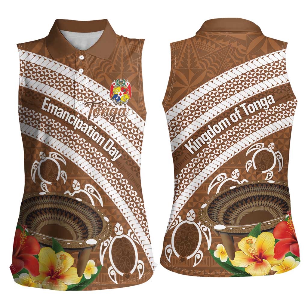 Kingdom Of Tonga Emancipation Day Women Sleeveless Polo Shirt Tongan Ngatu With Kumete Brown