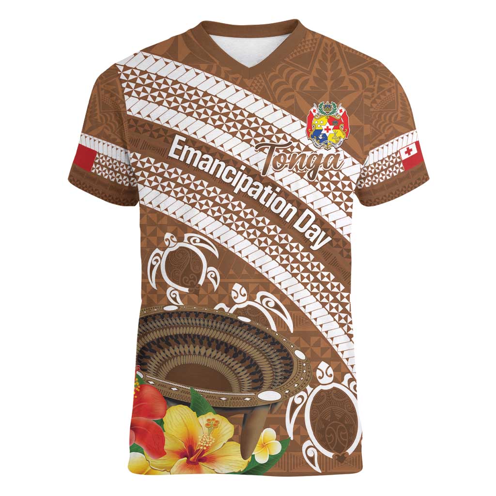 Kingdom Of Tonga Emancipation Day Women V-Neck T-Shirt Tongan Ngatu With Kumete Brown LT14 Female Brown - Polynesian Pride