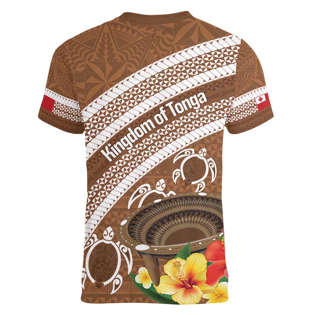 Kingdom Of Tonga Emancipation Day Women V-Neck T-Shirt Tongan Ngatu With Kumete Brown LT14 - Polynesian Pride