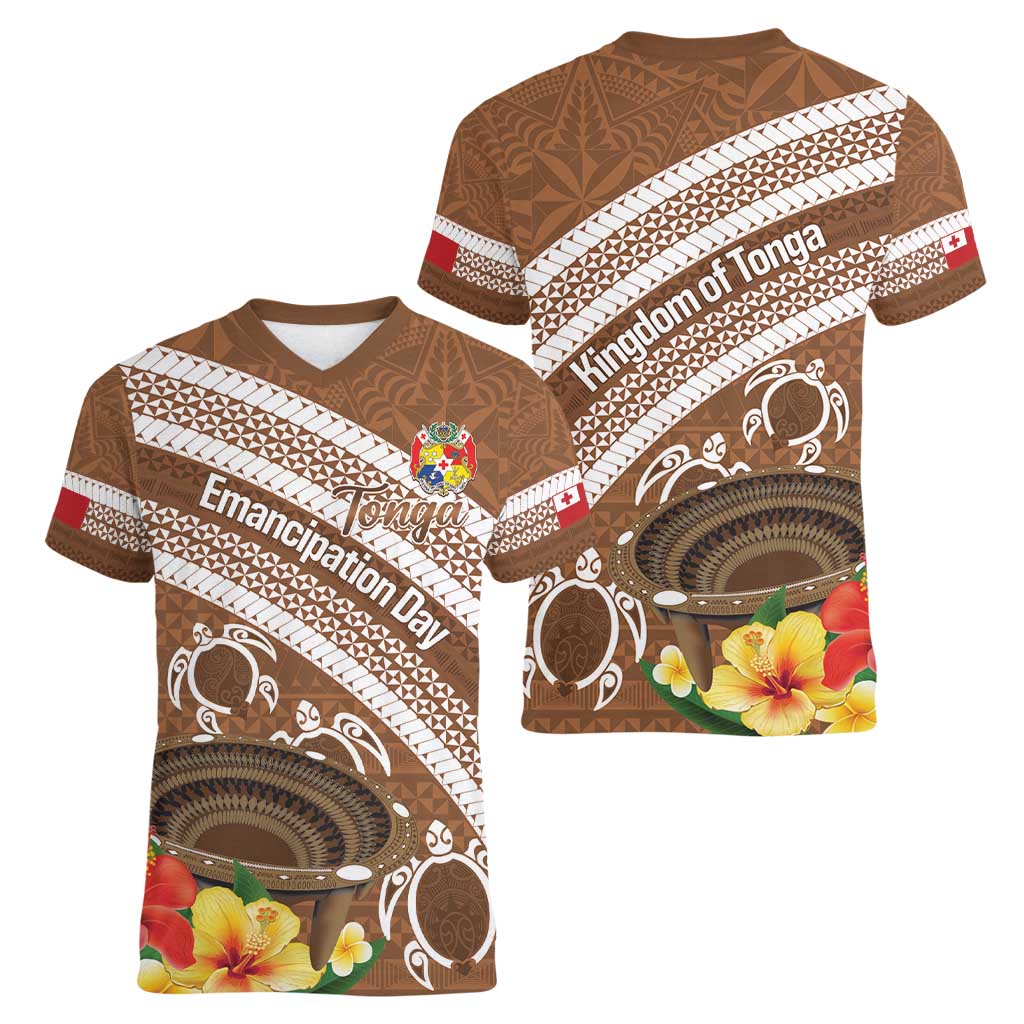 Kingdom Of Tonga Emancipation Day Women V-Neck T-Shirt Tongan Ngatu With Kumete Brown LT14 - Polynesian Pride