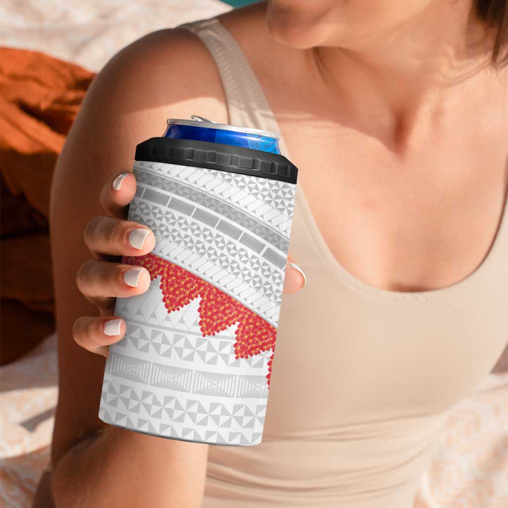 Tonga White Sunday 4 in 1 Can Cooler Tumbler Heilala Flowers Tongan Ngatu Pattern