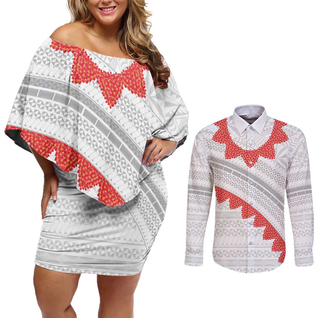 Tonga White Sunday Couples Matching Off Shoulder Short Dress and Long Sleeve Button Shirt Heilala Flowers Tongan Ngatu Pattern