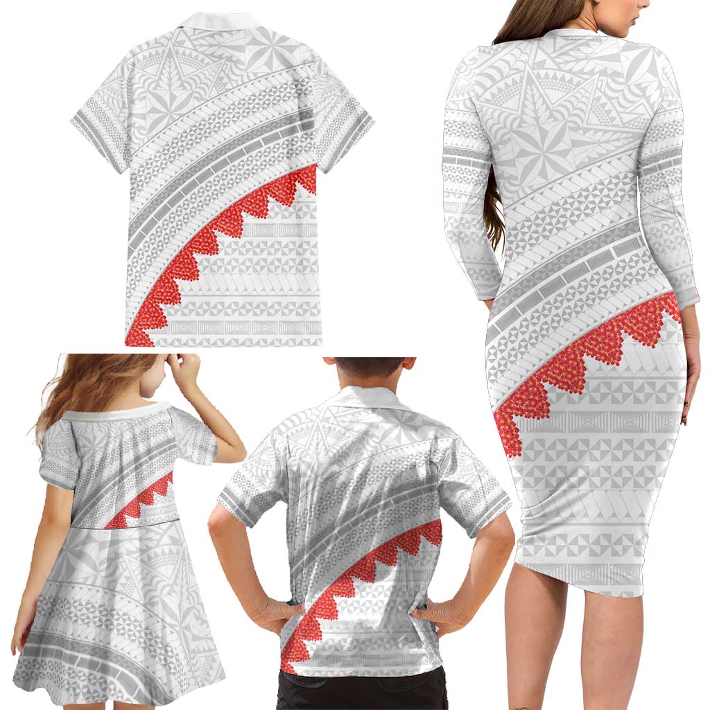 Tonga White Sunday Family Matching Long Sleeve Bodycon Dress and Hawaiian Shirt Heilala Flowers Tongan Ngatu Pattern LT14 - Polynesian Pride