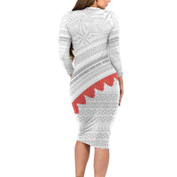 Tonga White Sunday Family Matching Long Sleeve Bodycon Dress and Hawaiian Shirt Heilala Flowers Tongan Ngatu Pattern LT14 - Polynesian Pride