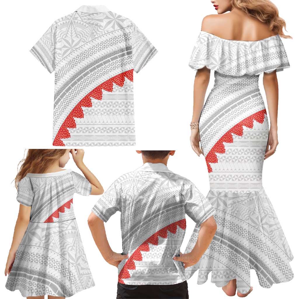 Tonga White Sunday Family Matching Mermaid Dress and Hawaiian Shirt Heilala Flowers Tongan Ngatu Pattern LT14 - Polynesian Pride