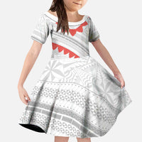 Tonga White Sunday Family Matching Off The Shoulder Long Sleeve Dress and Hawaiian Shirt Heilala Flowers Tongan Ngatu Pattern LT14 Daughter's Dress White - Polynesian Pride