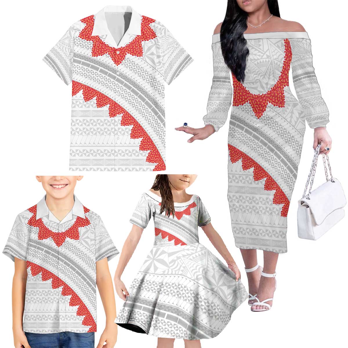 Tonga White Sunday Family Matching Off The Shoulder Long Sleeve Dress and Hawaiian Shirt Heilala Flowers Tongan Ngatu Pattern LT14 - Polynesian Pride